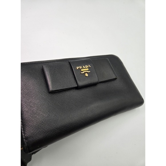 Prada Black Saffiano Leather Zip Around Continental Bow Wallet